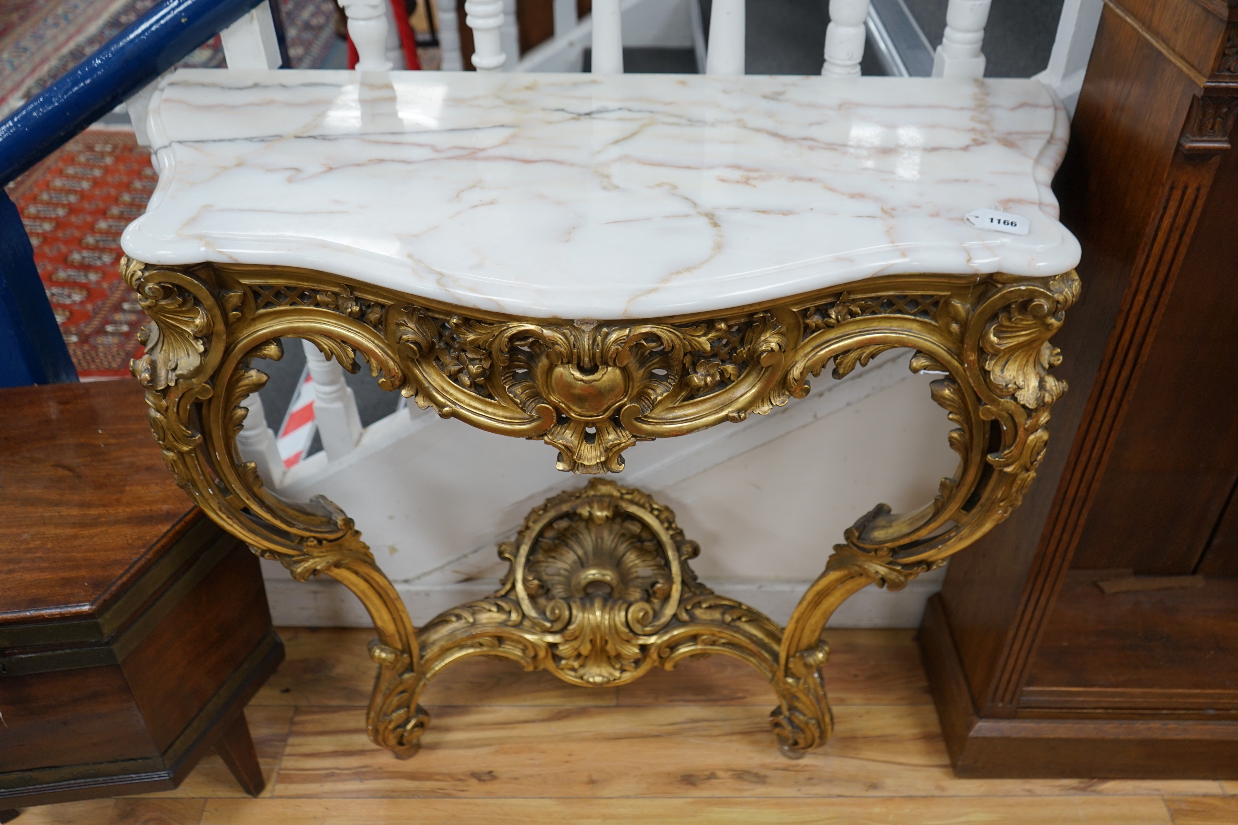 A 19th century and later giltwood console table with white marble top, width 103cm, depth 49cm, height 95cm
